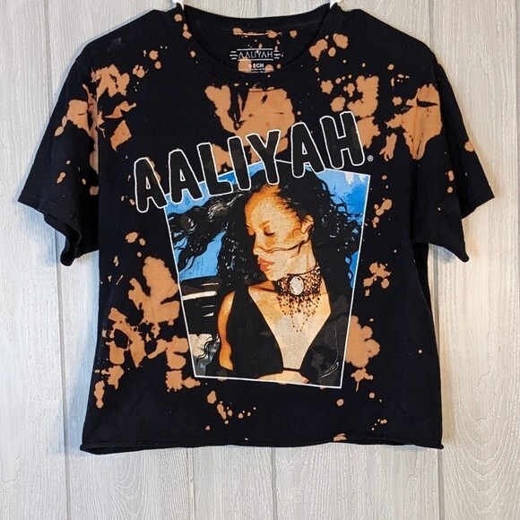 Aaliyay Black Bleach Dyed Graphic Tee Cropped Retro  EUC SZ SM - Picture 5 of 5